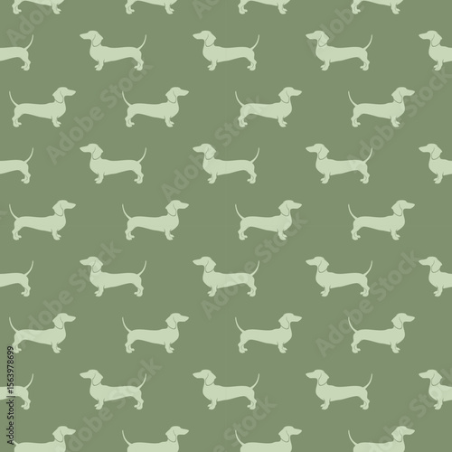 Green seamless dachshund pattern in silhouette style, ideal for fun fabric and decor 