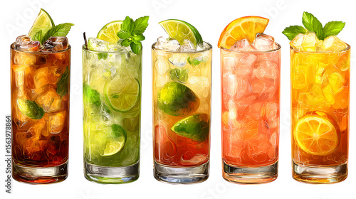 Cuba Libre, Long Island, Mojito, Paloma, Tequila Sunrise, Screwdriver cocktail transparent PNG set bundle, isolated background. Bar menu cocktails in highball glass, colorful refreshing drink garnish