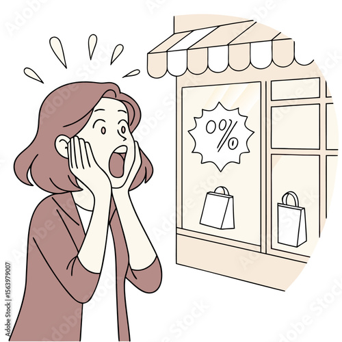 Woman reacts with shock and surprise to a store window display featuring a huge percentage off sale and shopping bags