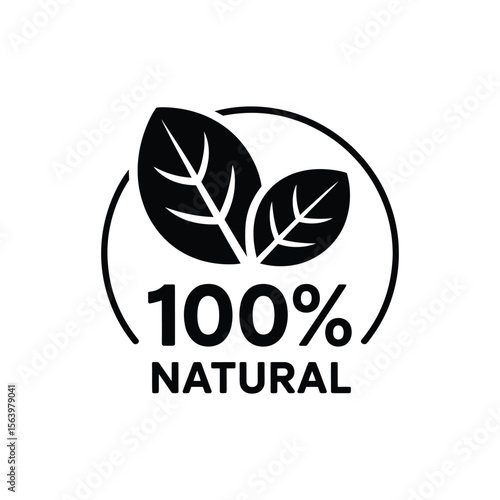Black and white icon representing 100 percent natural with leaves and circle