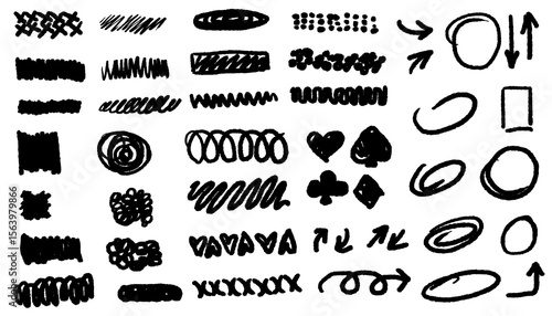 A hand-drawn collection of lines, crosses, underlines, scribbles, and arrows in black ink.