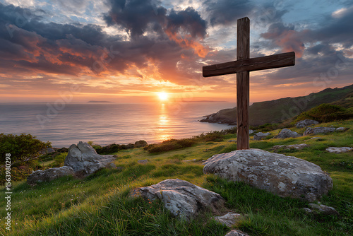 Wooden cross overlooking ocean at sunset with dramatic clouds coastal landscape
