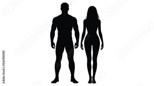 Full body black silhouette of a muscular man and a slender woman standing side by side
