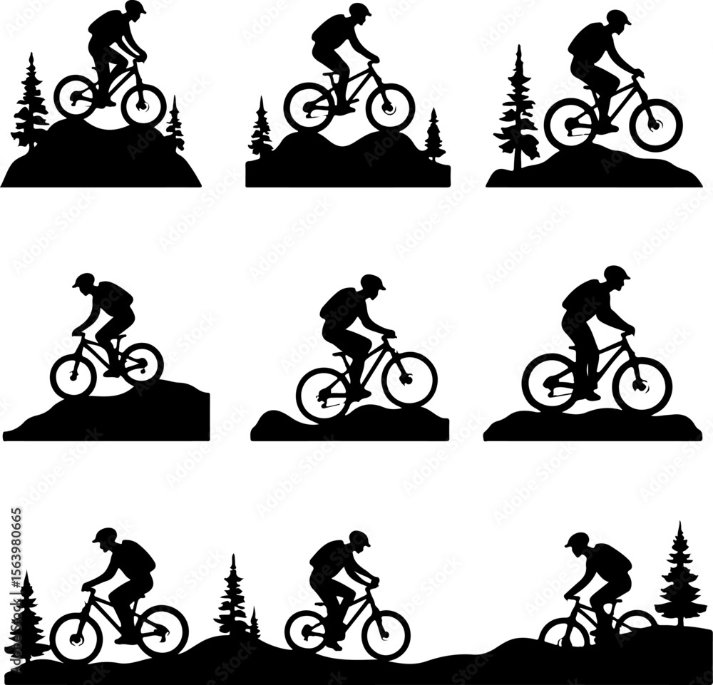 Obraz premium Mountain Hiking Bikers Riding Silhouettes Set vector bundle