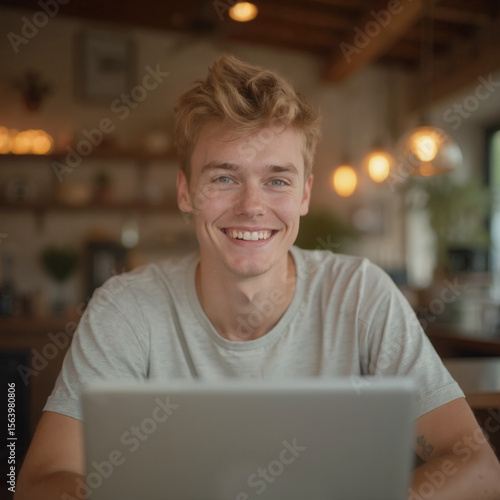 Smiling young man with blonde hair in a casual grey t-shirt sits in a cozy café with warm lighting, looking at the camera while working on a laptop. Friendly, natural atmosphere.