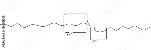 Continuous one line drawing of two speech bubbles with modern minimalist style on white background in black ink . EPS 10 .