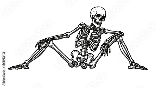 Skeleton sitting with legs stretched out in a relaxed pose  
