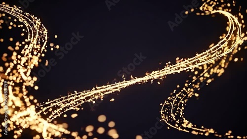 Luminous golden particles swirling dynamically, flowing smoothly across dark background with elegant, mesmerizing motion and radiant energy
