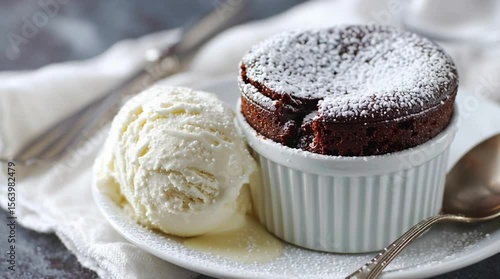 A chocolate soufflé with powdered sugar and a scoop of ice cream on a white plate with a spoon