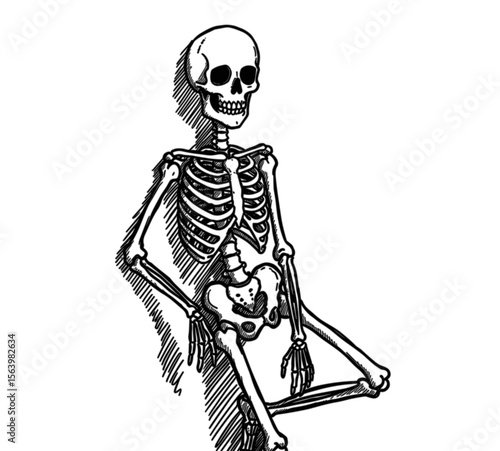 Skeleton sitting casually with relaxed posture on white background  