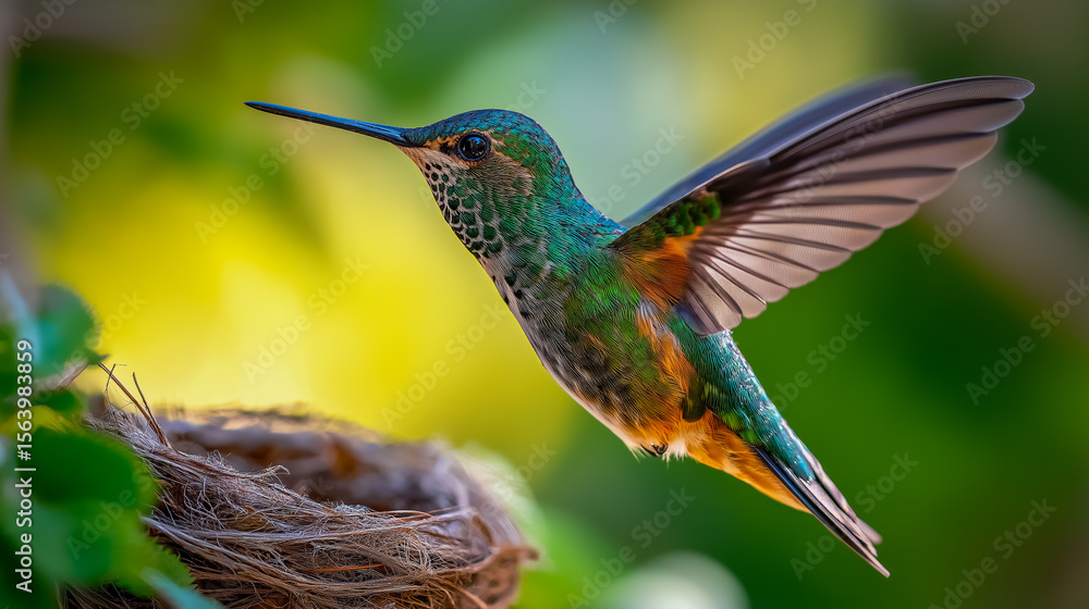Fototapeta premium Vibrant hummingbird in flight feeding at nest in lush garden background
