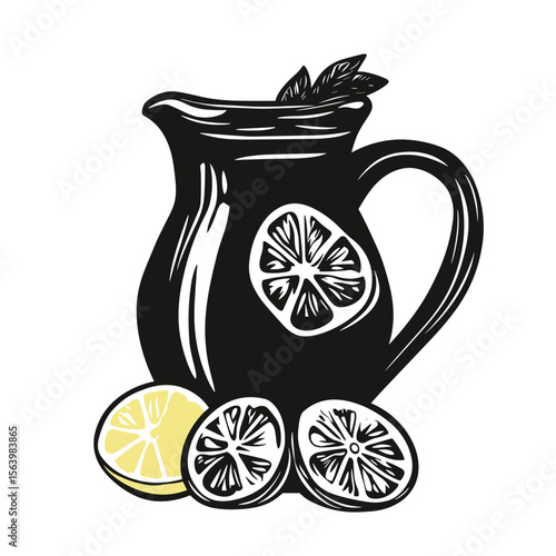 Black silhouette of a lemonade pitcher with lemon slices on a white background for summer parties and beverage branding