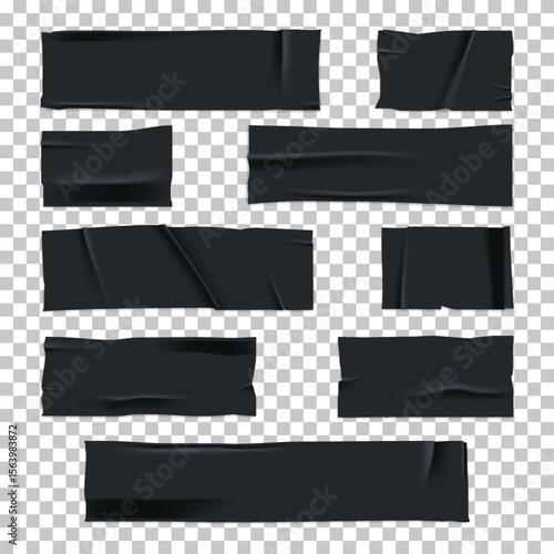 Realistic torn black adhesive tape pieces isolated on transparent background. Dark sticky scotch or masking tape elements for design, repair, or decor mockups
