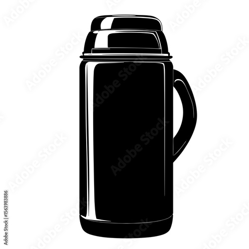 Black silhouette of a thermos with a handle on a white background for travel, outdoor activities, and hot beverages