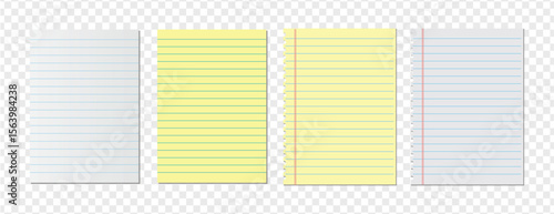 Blank lined notebook paper sheets isolated on transparent white background. Ideal for school, office, journaling, note-taking, and stationery design projects