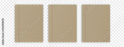 Blank lined notebook paper sheets isolated on transparent white background. Ideal for school, office, journaling, note-taking, and stationery design projects