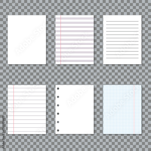 Blank lined notebook paper sheets isolated on transparent white background. Ideal for school, office, journaling, note-taking, and stationery design projects