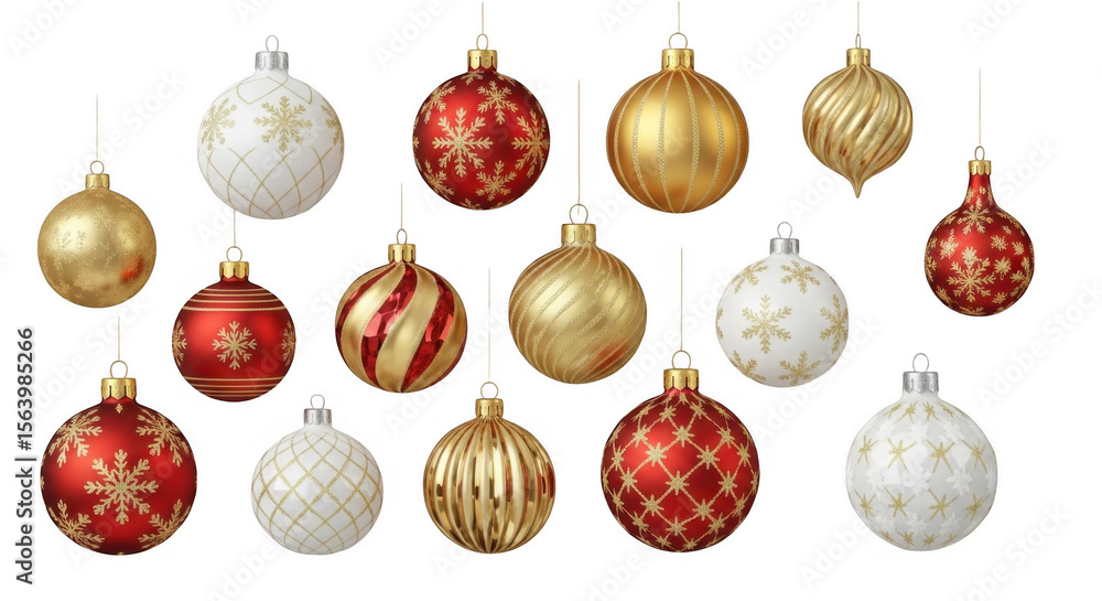 Assorted Christmas Ornaments in Red, Gold, and White for Holiday Decor, isolated on a transparent background Assorted Christmas Ornaments in Red, Gold, and White for Holiday Decor, isolated on a transparent background