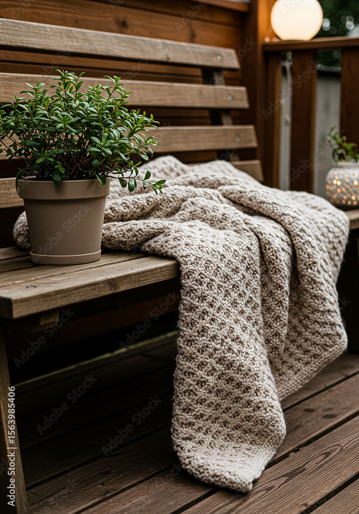 Fototapeta premium Cozy knitted blanket and green plant on a rustic wooden bench outdoors