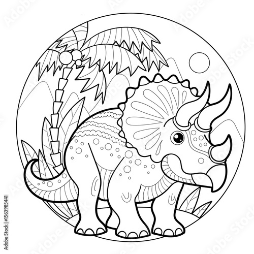 Cartoon dinosaur triceratops on the background of the landscape. Black and white linear drawing. Composition in a circle. For children's design prints, posters, postcards, stickers, etc. Vector illust