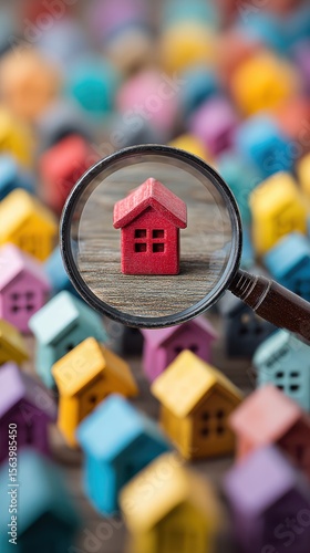 Close-up of a Red Wooden House Model Magnified Among Colorful Toy Houses on Wooden Surface