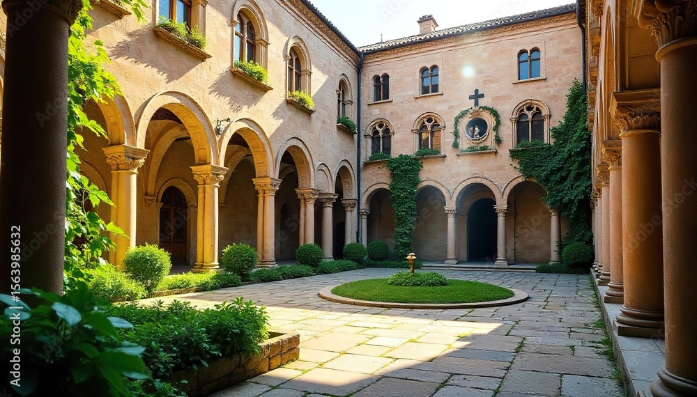 Obraz premium Sunlit Barcelona Monastery Courtyard Serene Benedictine Architecture, Lush Greenery, Peaceful Tranquility