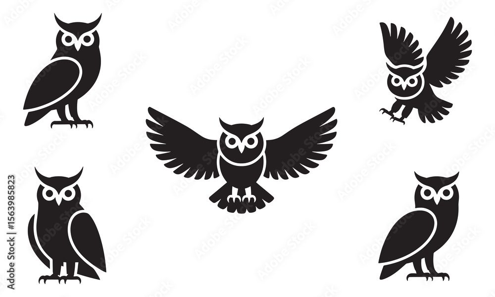 Obraz premium Black Owl Silhouettes on White Background Vector Illustration