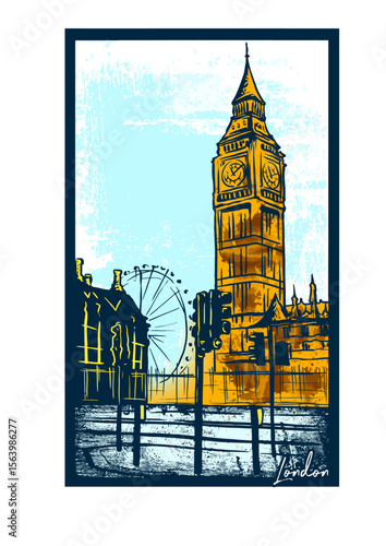 London big ben and london eye illustration travel poster art print tourist attraction landmark drawing Vector EPS 