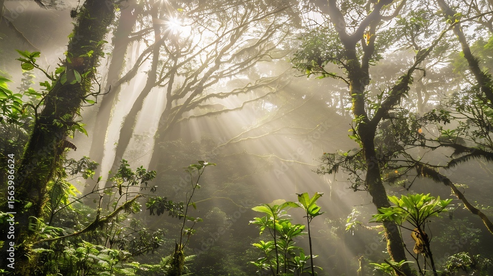 Naklejka premium Monteverde canopy with layered trees vanishing into mist, textured lighting and atmosphere, 2025 trend mystical habitat capture