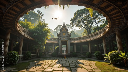 airplane, jet plane, sky view, worm's eye view, tropical forest, sunlight, nature, travel, freedom, adventure, perspective, tunnel view, circular framing, summer, palm trees, aircraft, flying, explora