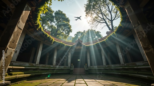airplane, jet plane, sky view, worm's eye view, tropical forest, sunlight, nature, travel, freedom, adventure, perspective, tunnel view, circular framing, summer, palm trees, aircraft, flying, explora