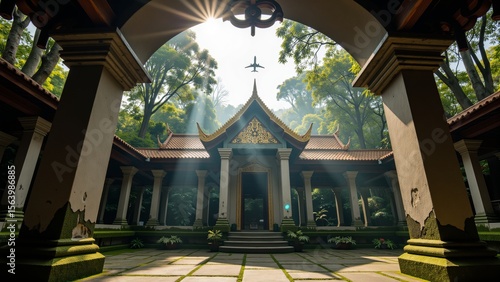airplane, jet plane, sky view, worm's eye view, tropical forest, sunlight, nature, travel, freedom, adventure, perspective, tunnel view, circular framing, summer, palm trees, aircraft, flying, explora
