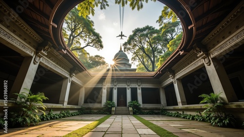 airplane, jet plane, sky view, worm's eye view, tropical forest, sunlight, nature, travel, freedom, adventure, perspective, tunnel view, circular framing, summer, palm trees, aircraft, flying, explora