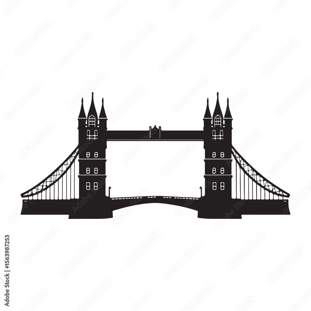 Obraz premium Iconic Tower Bridge of London silhouette, Illustration Isolated On White Background, tower bridge icon, simple silhouette illustration of tower bridge