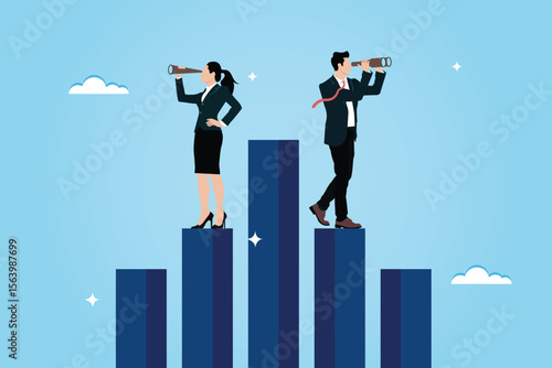 Businesspeople's vision of finding new opportunities through telescopes and spy glasses. A vision of success through personal development or leadership. The challenge of planning or discovery.