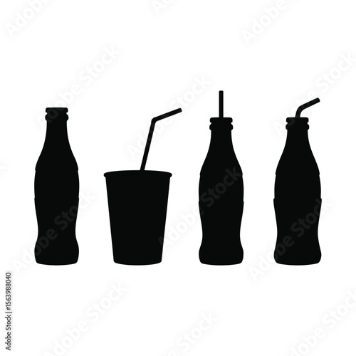 Black beverage silhouettes of bottles and cup with straws on white background