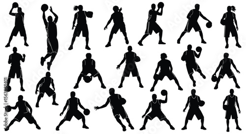 Basketball player silhouettes in action, dynamic motion poses, athletic dribble, jump, shoot, sports design, fitness, illustration, competition, training