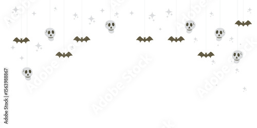 Halloween banner Hanging garland of bats and skulls on transparent background Spooky flat vector design with space for text, perfect for party invitations, flyers, or seasonal promotions. Copy space