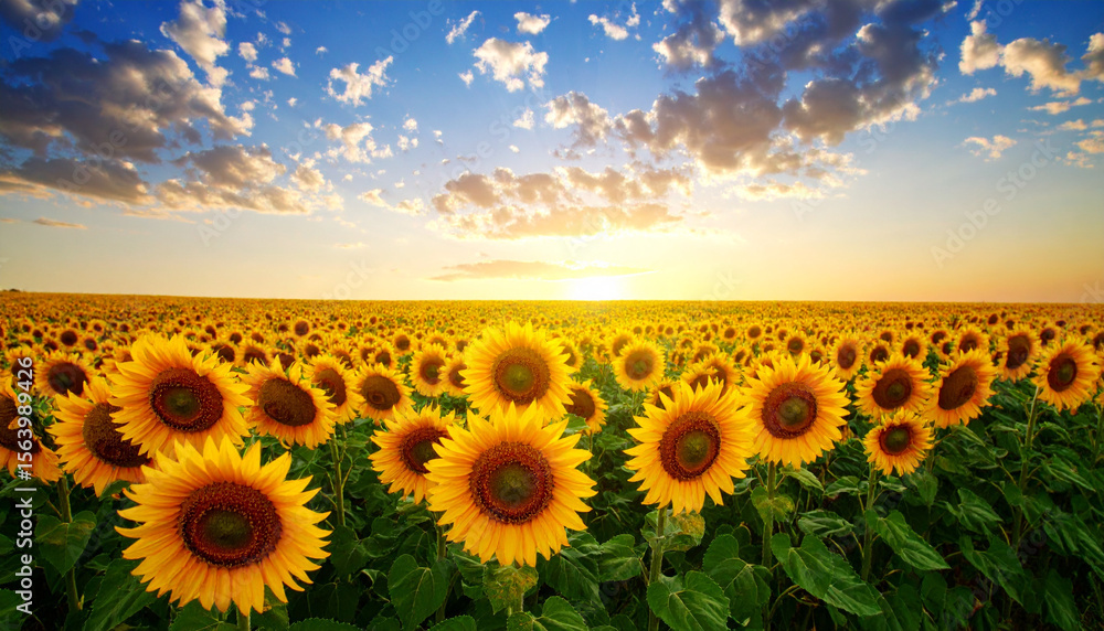 Obraz premium Field of giant sunflowers, sun setting. AI