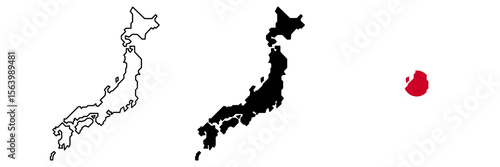 Japan map icon set. Japan map line icon,japan map silhouette icon,japan map with flag texture