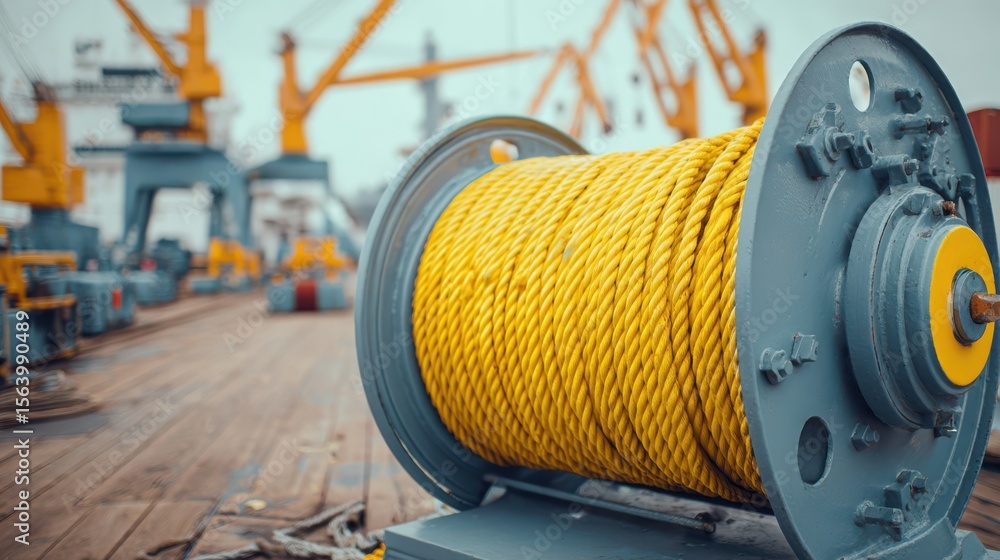 Obraz premium Rugged yellow rope is coiled on a large reel, part of the cargo handling equipment at a bustling port. Cranes and containers create a busy backdrop under cloudy skies