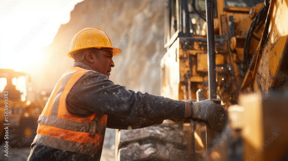 A construction worker in a hard hat and safety vest is focused on operating heavy machinery A construction worker in a hard hat and safety vest is focused on operating heavy machinery