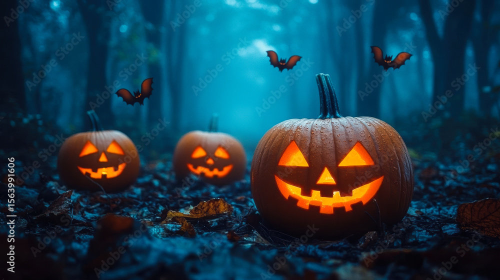 Fototapeta premium Glowing Jack o Lantern Pumpkins with Carved Smiling Faces in Dark Foggy Forest at Halloween Night