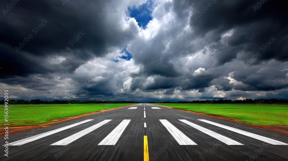 Fototapeta premium A wide view of an empty road with bold white markings stretching into the distance under a dramatic cloudy sky