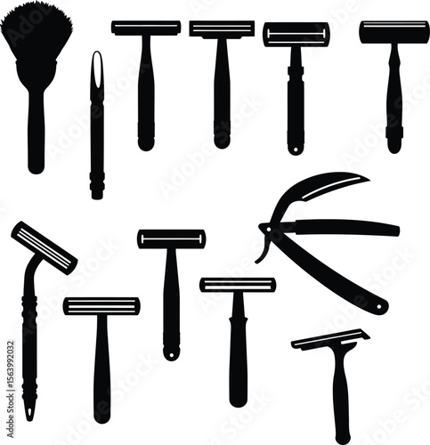 Classic Shaving Razors and Brush Silhouettes Vector Set, Men's Grooming Tools Collection, Traditional Personal Care Essentials for Barber Shop Concepts.