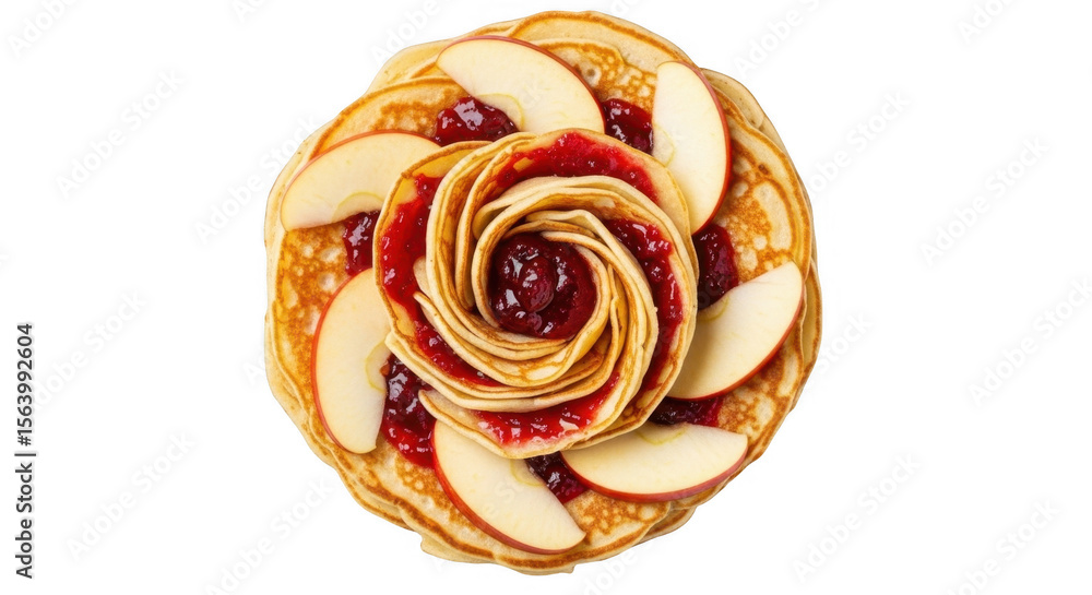 Fototapeta premium Delicious Pancake Rose with Apple Slices and Berry Jam for a Sweet Breakfast Treat, isolated on a transparent background