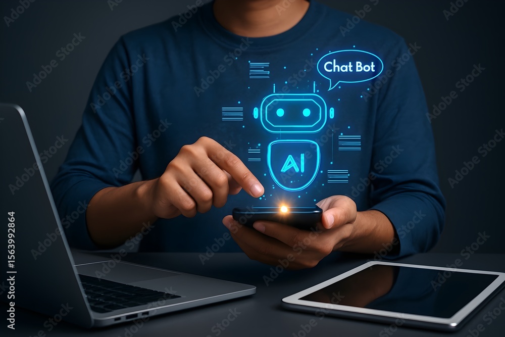 A person interacts with an AI chatbot on a smartphone, with a holographic robot icon and A person interacts with an AI chatbot on a smartphone, with a holographic robot icon and