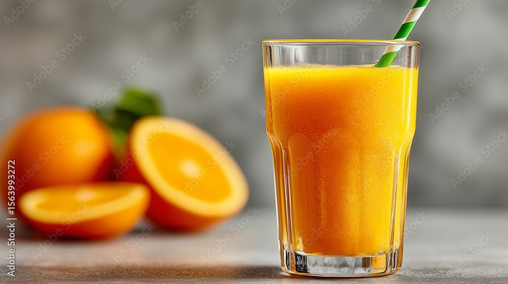 Fototapeta premium Fresh orange juice in glass with straw and oranges