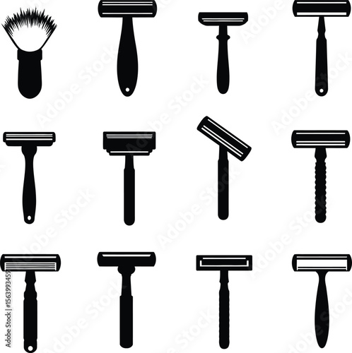 Vector illustration set of diverse safety razors for shaving and hair removal, personal grooming tools, classic and modern designs, hygiene concept on white background