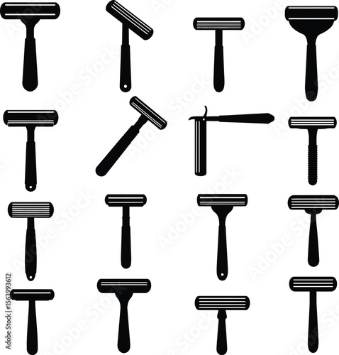 Vector illustration set of diverse safety razors for shaving and hair removal, personal grooming tools, classic and modern designs, hygiene concept on white background